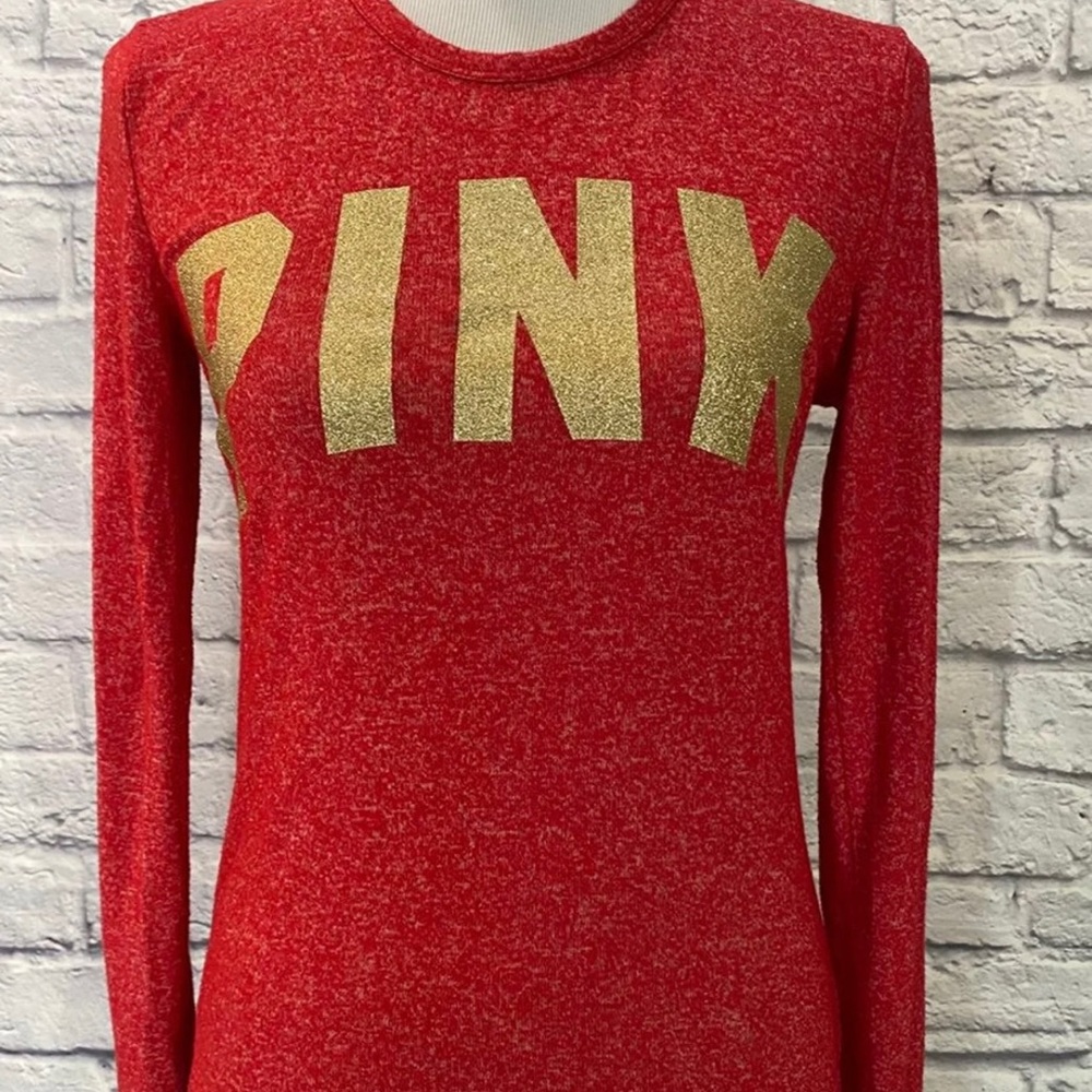S Victorias Secret Love Pink Red And Gold Glitter Logo Sleepwear Top Small Shirt